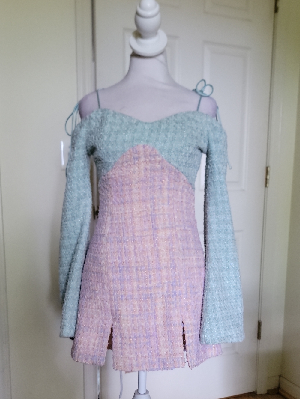 Lena Pastel Pink and Mint Tweed Silk Tie Shoulder Dress